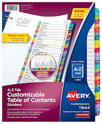 DIVIDERS, INDEX TABLE OF CONTENTS, PAPER, AVERY, A-Z TABS, MULTICOLOR LARGE